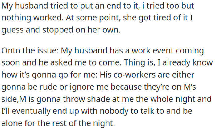 OP's husband wants her to attend a work event, but OP expects it to be uncomfortable.
