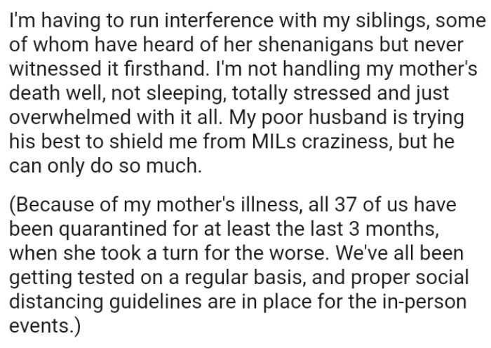 OP's husband is trying his best to shield her from MIL's craziness, but he can only do so much