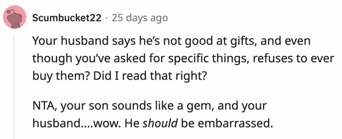 Even when OP specifically asks for the gifts she wants, Jeremy still manages to drop the ball