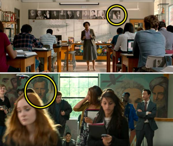 57.  In 'Spider-Man: Homecoming', Peter's school has a picture of Bruce Banner in Peter's physics class and a mural of Howard Stark in a stairwell