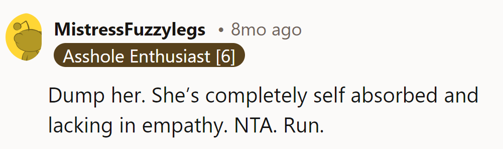 Ditch the self-absorbed, empathy-deprived drama queen. NTA. Run for the hills!
