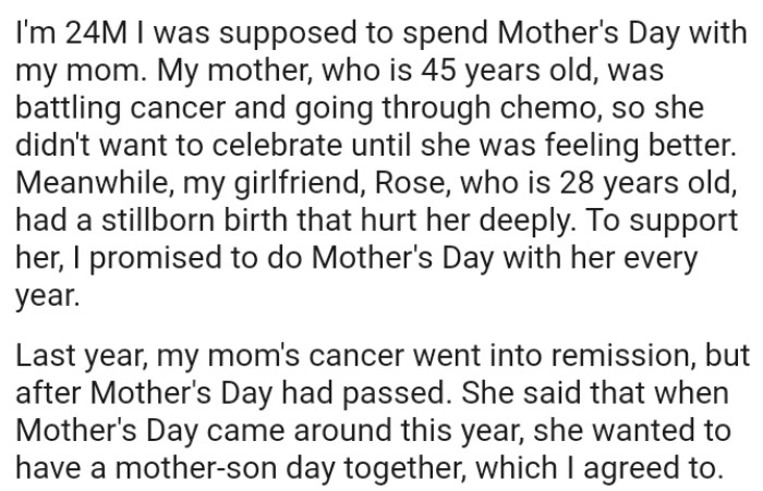 OP's Girlfriend Had a Stillborn Birth That Hurt Her Deeply, and to Support Her, OP Promised to Spend Mother's Day with Her Every Year
