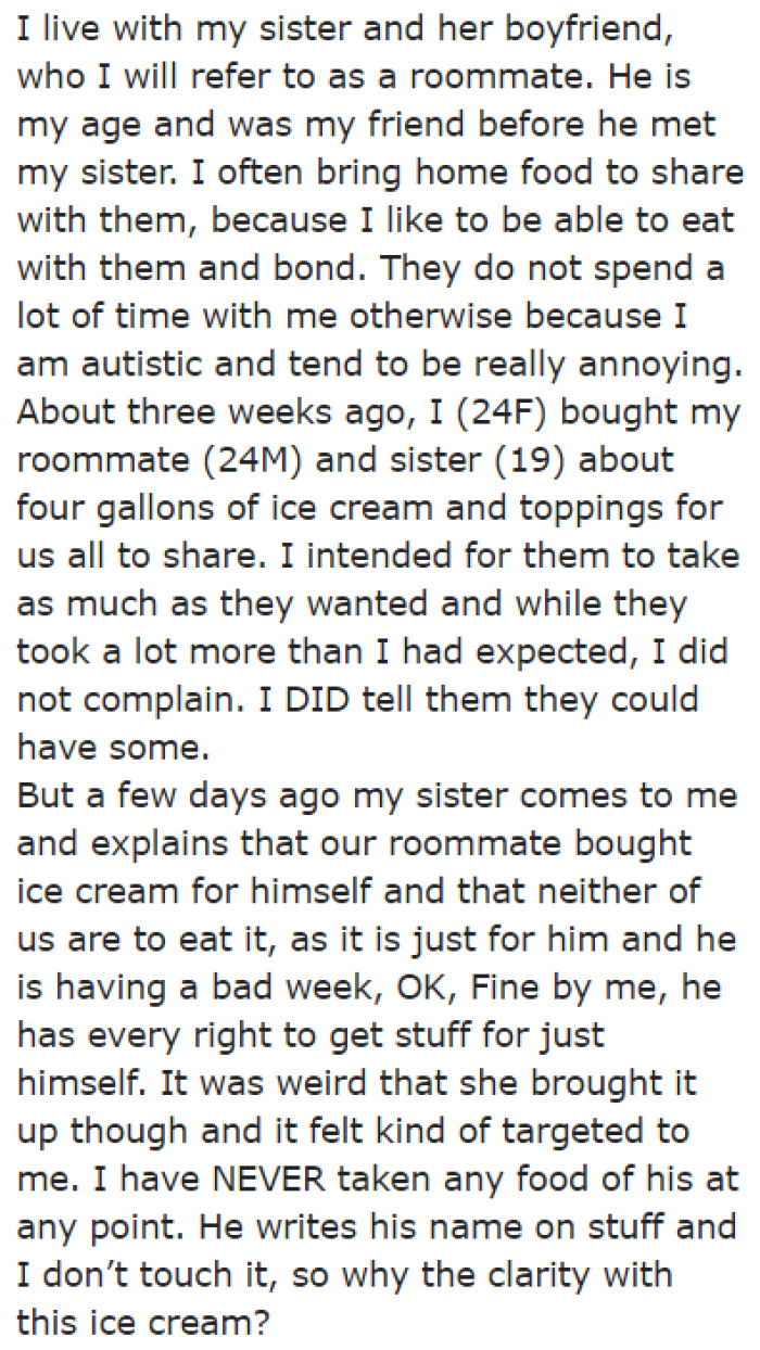 She explains the entire setup at home and informs the community that she bought ice cream for all of them to share.