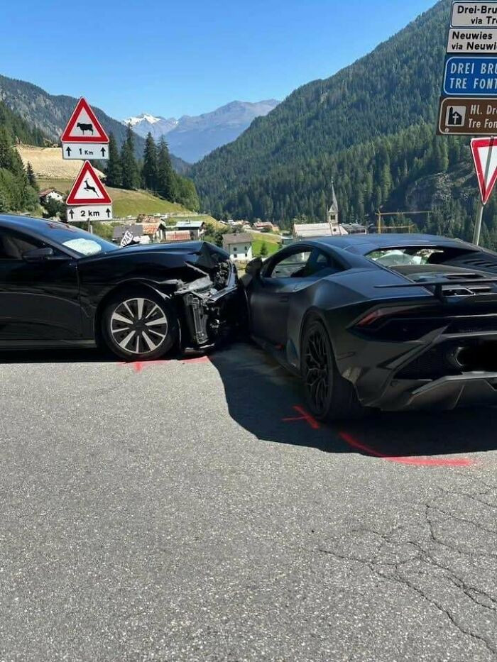 "Accident Today Between Two Luxury Cars: Lamborghini And Lucid In My Hometown (Passo Stelvio, South Tyrol, Italy)"