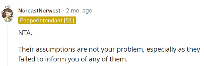 Their assumptions shouldn't burden OP, especially when they neglected to communicate any of them beforehand.