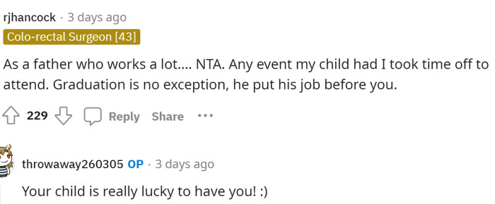 Dads came to the comments to let her know that they'd do anything for their kids, and her dad is choosing work over her.