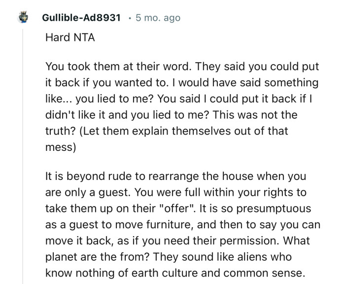 “Hard NTA… It Is Beyond Rude to Rearrange the House When You Are Only a Guest.”