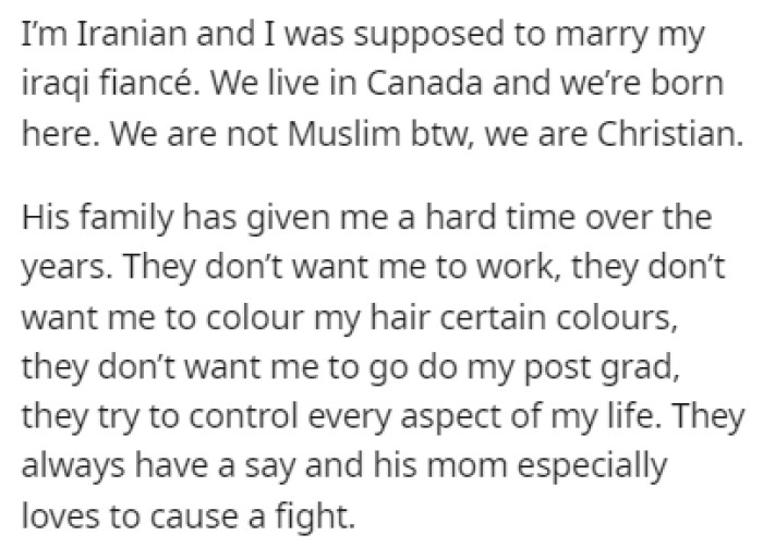 OP is Iranian and she was supposed to marry her fiancé