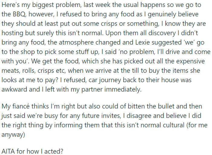 OP's Biggest Problem Arose When, During a Recent BBQ, She Refused to Bring Any Food Because She Believed the Hosts Should Provide at Least Some Snacks