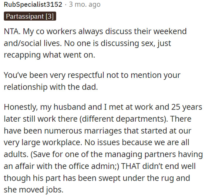 OP has been discreet about his relationship with his coworker's son.