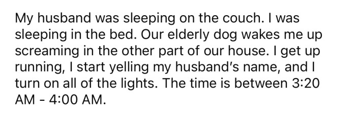 The OP explained that she woke her husband up in a panic when their dog started screaming during the night.