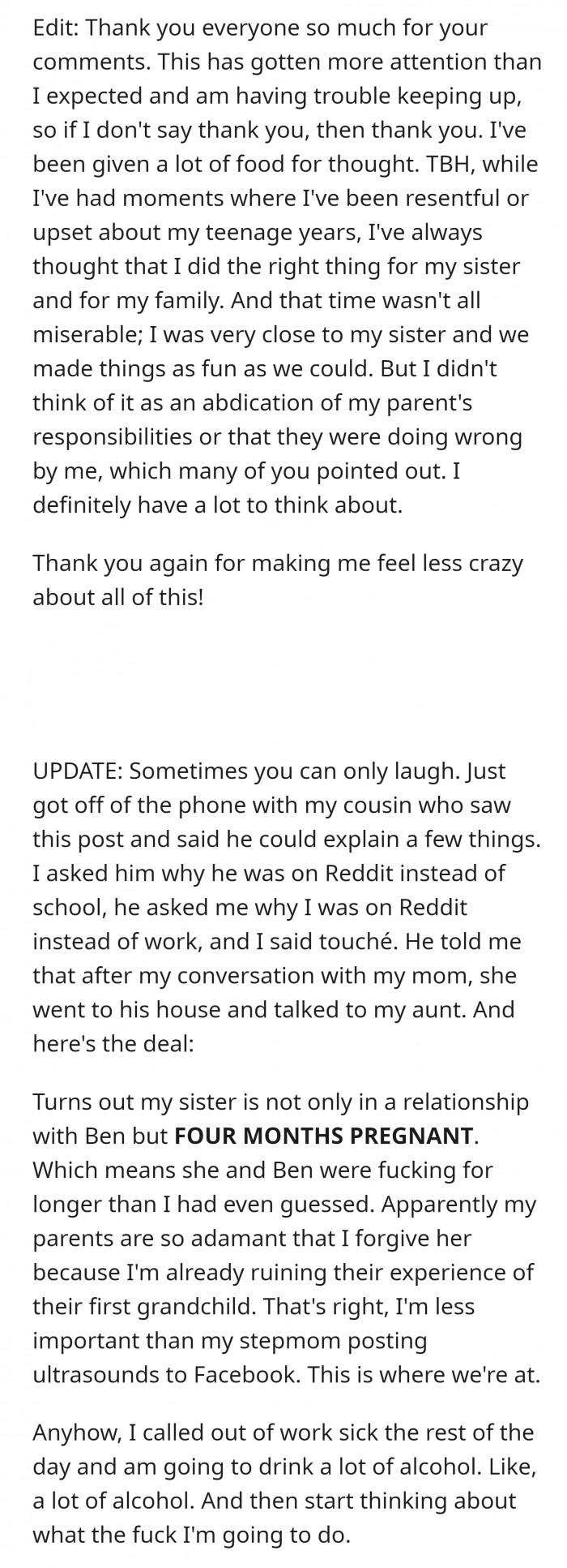 The update was unexpected, and Redditors definitely felt sorry for OP.