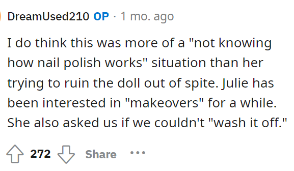 OP responded to the comment above and provided more insight into why she thinks the little girl did this to her doll.