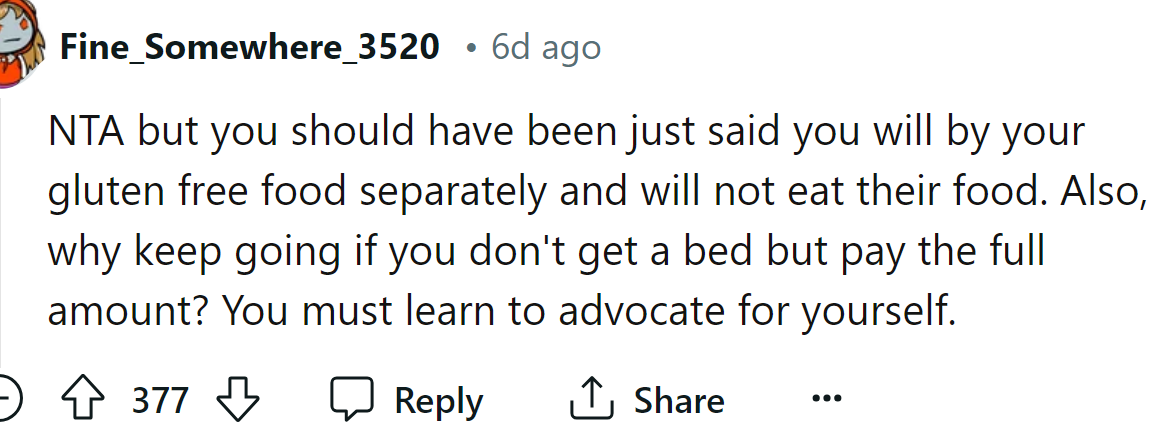 The OP must learn to advocate for herself