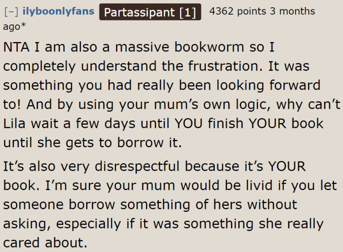 The bookworms who responded to the thread were on her side.