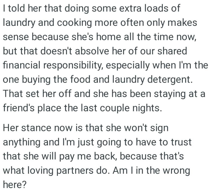 OP says that doesn't absolve his GF of their shared financial responsibility