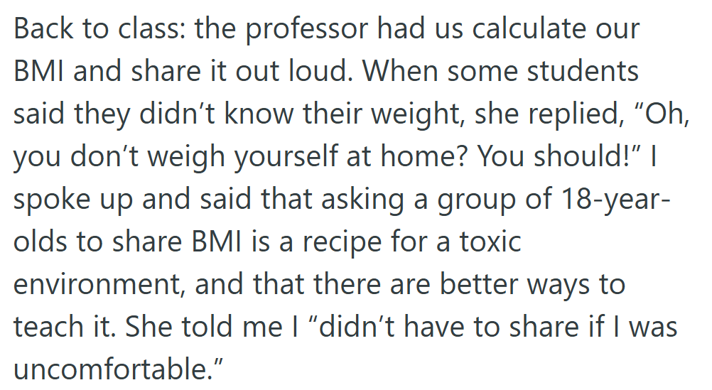 In class, the professor asked students to calculate and announce their BMI, sparking immediate discomfort.