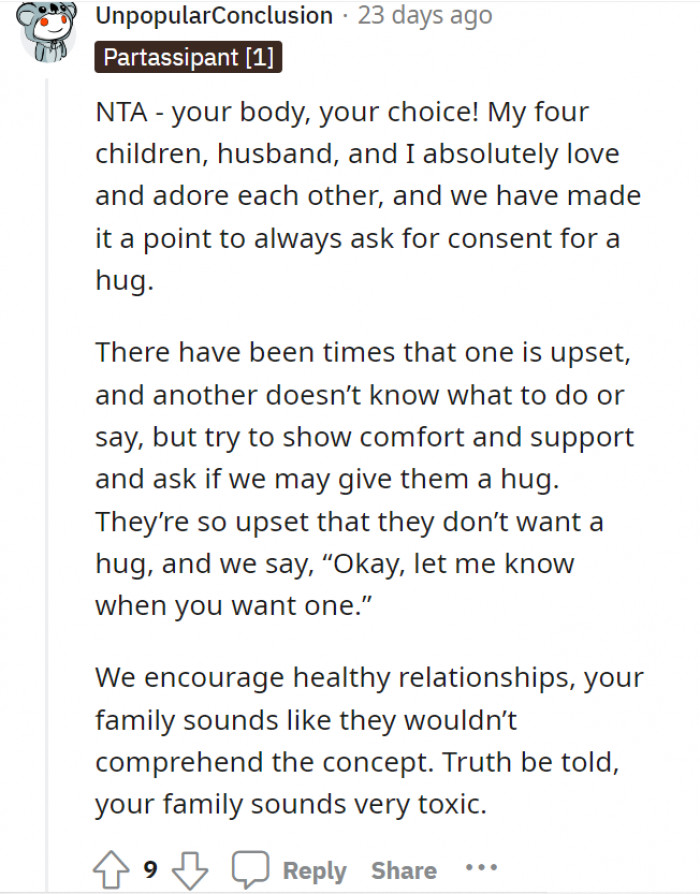 This family is pretty encouraging in asking for consent. This seems like an example of good parenting.
