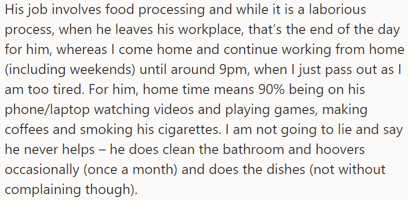 While her husband's workday ends when he leaves his job, OP continues working from home until 9 PM, even on weekends: