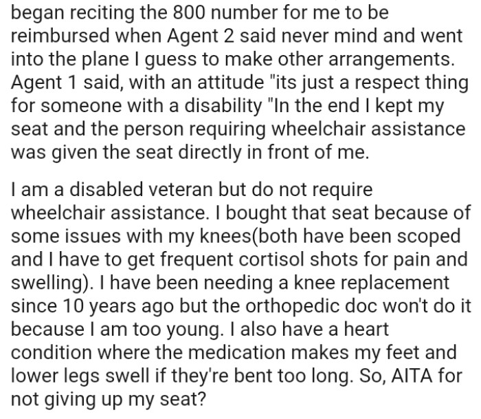The Person Requiring Wheelchair Assistance Was Given the Seat Directly in Front of the OP