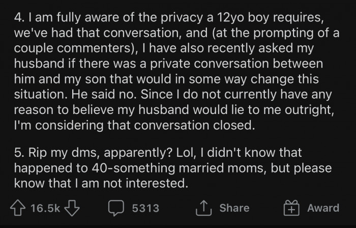 OP and her husband understand how a 12-year-old boy needs privacy.