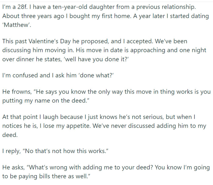 After a year of dating, Matthew proposed to OP on Valentine's Day, and she accepted