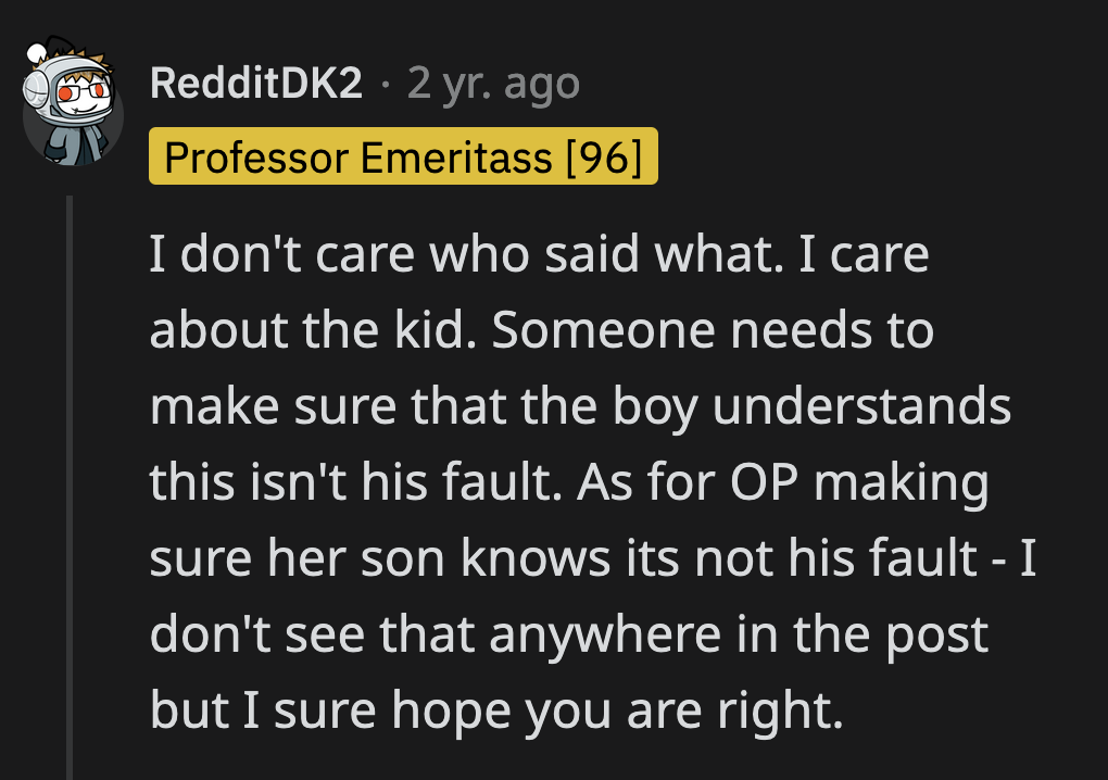 The concerned Redditor said that it didn't matter who spoke to Danny about the divorce. They just wanted OP to help her son realize that the situation wasn't his fault.