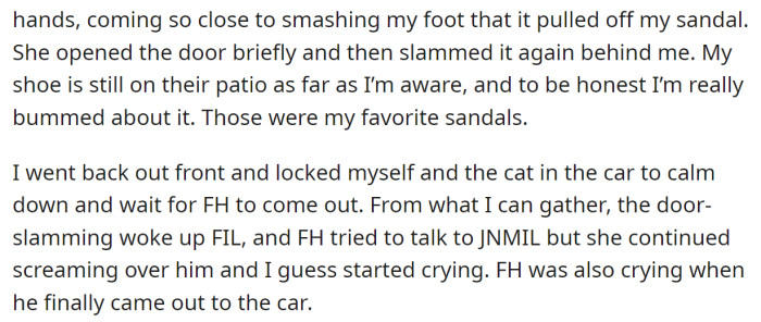 The OP went into the car and waited for her fiancé: