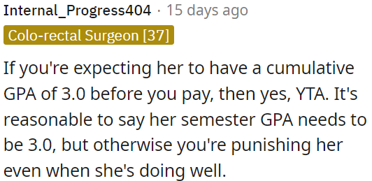 It's fair to expect a 3.0 semester GPA, but anything more is an unjust punishment for her efforts.