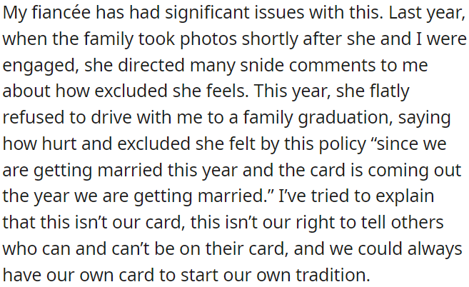 OP's fiancée has been upset about this, and she refused to drive with OP to a family graduation.