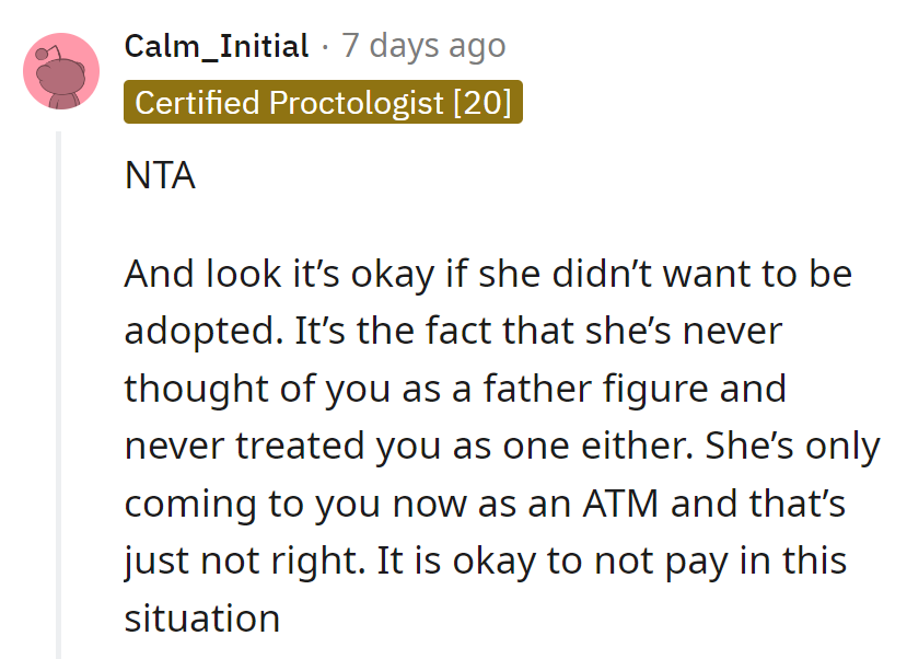 Adoption aside, ATM status isn't a dad role she can swipe on and off.