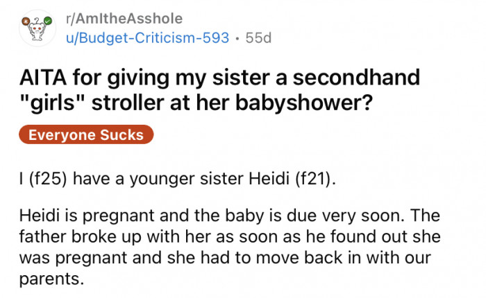 The OP shared a story about her pregnant younger sister Heidi.