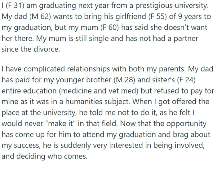 OP is about to graduate from a prestigious university. Instead of looking forward to it, she has issues: