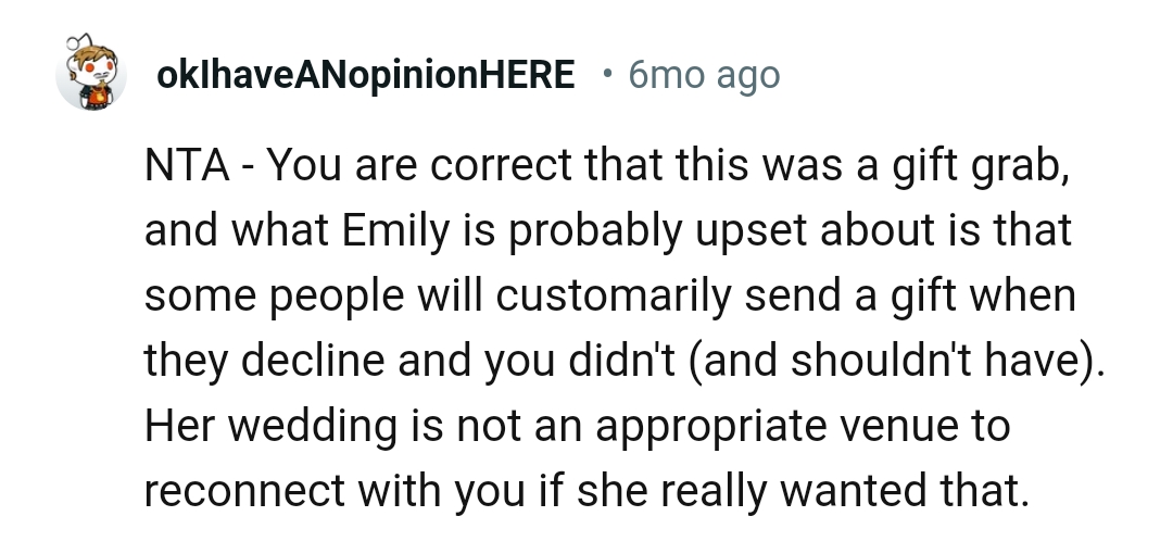 Her wedding is not an appropriate venue for reconciliation