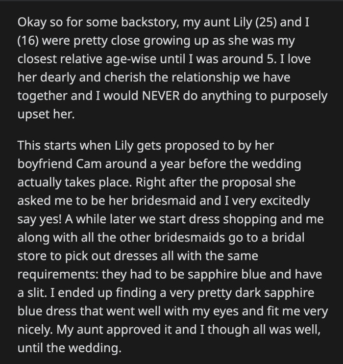 Aunt Lily scolded OP for wearing makeup during the wedding. She said OP's makeup made it impossible for her to look good next to her.