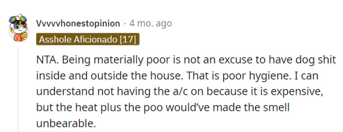 Exactly; being financially poor shouldn't mean compromising on basic hygiene. A warm home is one thing, but adding poop to the mix creates a truly unique fragrance experience.