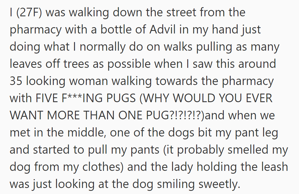 While walking home from the pharmacy, OP encountered a woman with five pugs. One of the dogs bit her pant leg, while the woman smiled sweetly.