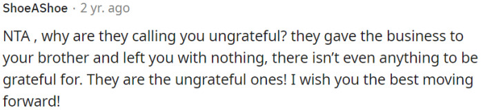 The family calls OP ungrateful, but it's unjustified