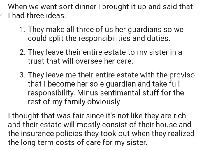 While at dinner with her parents, OP brought up three ideas on how to better handle the situation in the event that they pass away