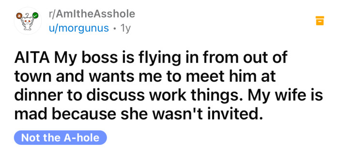The Redditor asked if he's an a**hole because his wife wasn't invited to his work dinner.