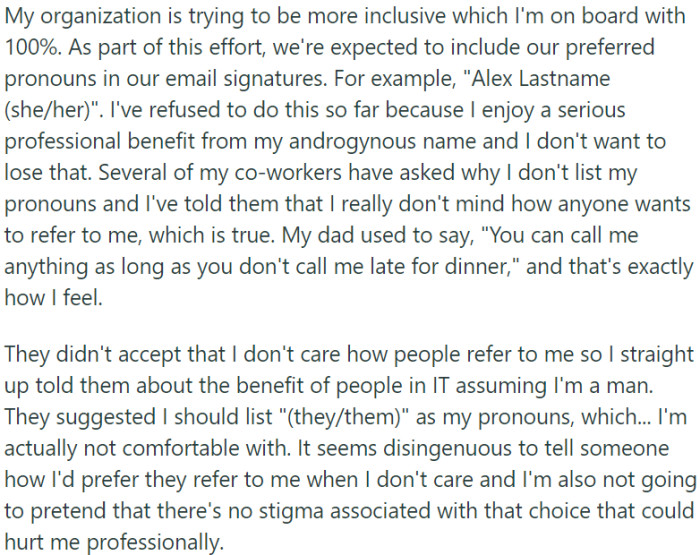 The Redditor found themselves grappling with the tension between promoting inclusivity and preserving their professional standing