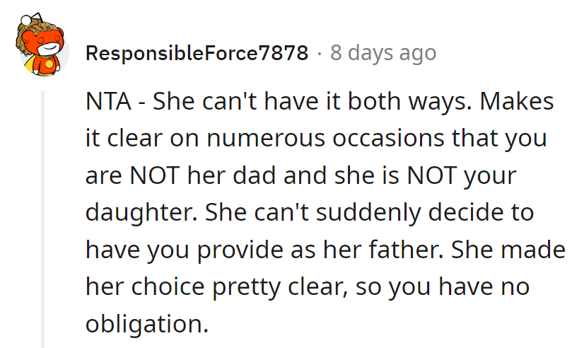 She can't dad-select at checkout. Clear choice, no obligation.