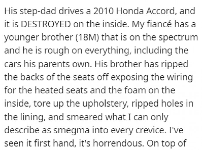 The step-dad drives a 2010 Honda Accord that's been destroyed on the inside by their son, who is on the spectrum