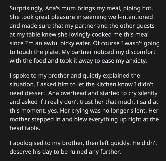 To their surprise, Ana's mom brought food specially made for OP. She made sure all the guests at OP's table knew how this specific plate was 