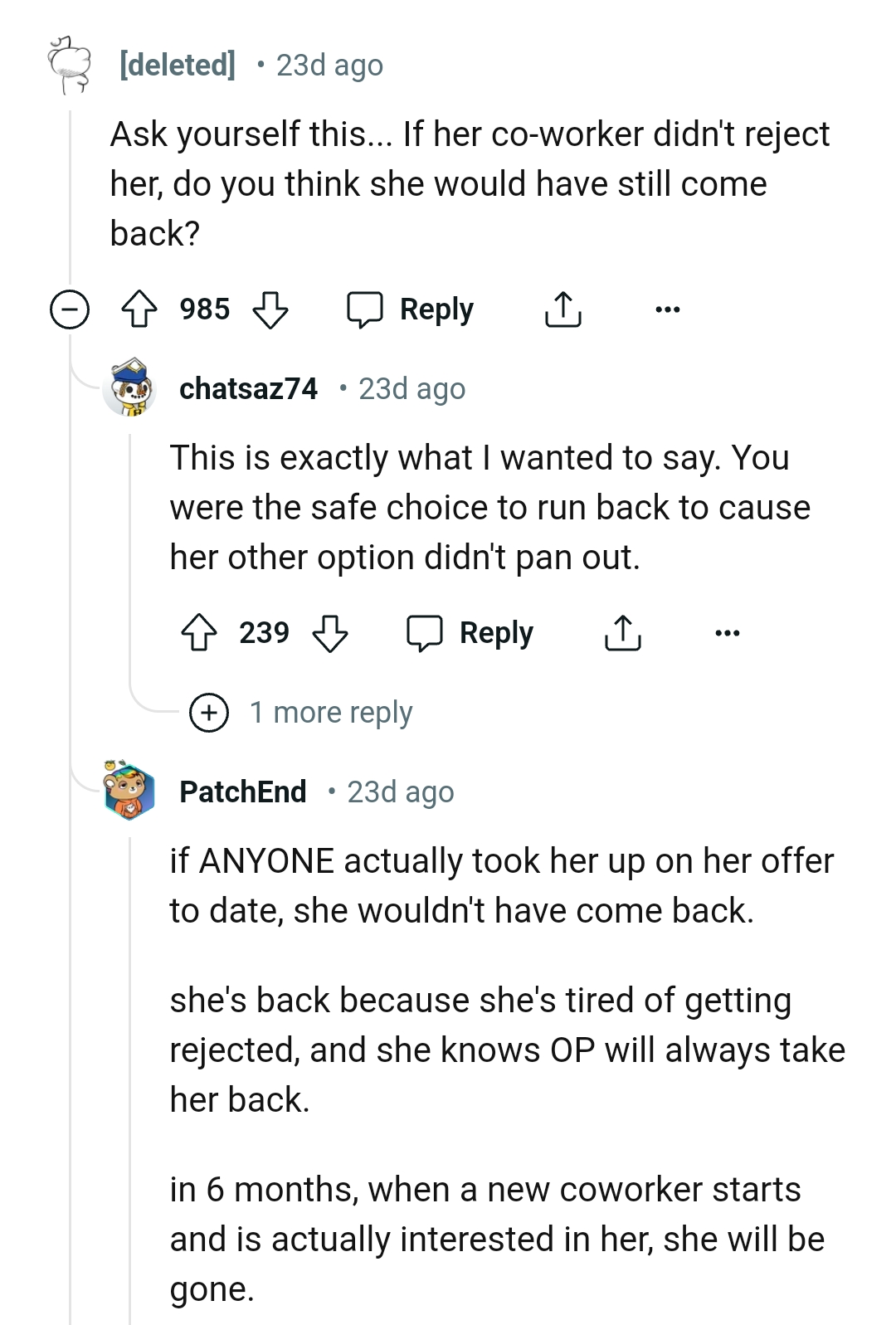 OP's wife wouldn't come back if her coworker had accepted her