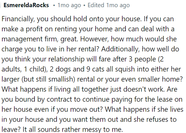 OP Needs to Consider the Implications of Living Together with Three People, Two Dogs, and Nine Cats.