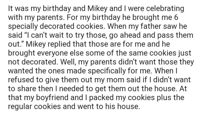OP Refused to Share the Special Decorated Cookies Her Boyfriend Made for Her on Her Birthday, Leading to an Argument That Ended the Celebration Abruptly