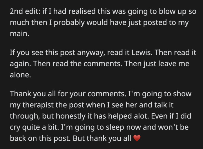 She is doing her best to move forward with the help of her therapist