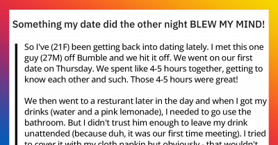 Woman Gets Pleasantly Surprised By Her Date's Chivalry After His Reassuring Gesture To Protect Her Drink