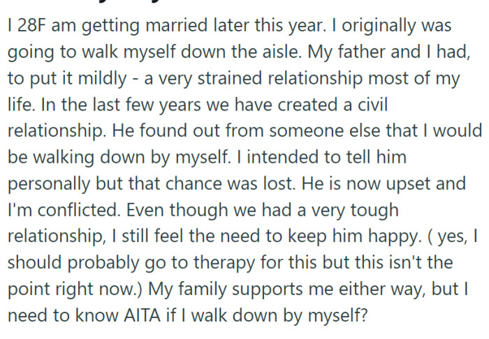 Should she walk down the wedding aisle alone, or should she be accompanied by her father, with whom she's had a strained relationship for most of her life?